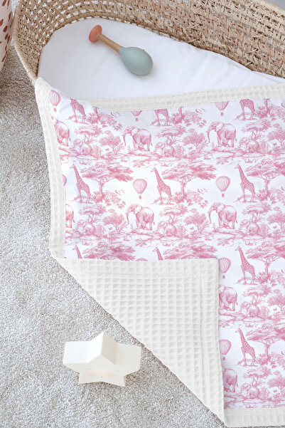 Tuğba Kuğu Double-Sided Baby Blanket, 100% Cotton Waffle Pique |   Pillowcase with Gift - Pink Toile De Jouy - 70 X 105 cm