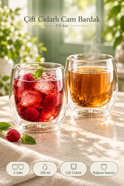 Tilbe Home 2li Çift Cidarlı Cam Bardak 250ml Seti Isıya Dayanıklı Kulpsuz Kahve Çay ve Meşrubat Sunum Bardağı