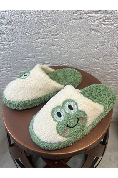 Beyond Women's Green Frog Embroidered Plush Winter House Slippers 3 cm Byndkur01