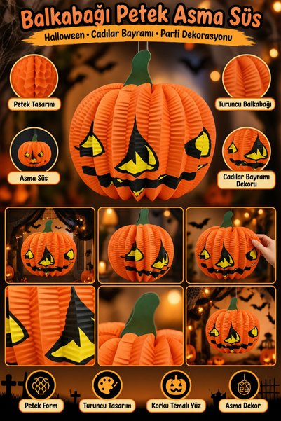 DODOMAR Halloween Cadılar Bayramı Turuncu Balkabağı Petek Asma Süs Kabak Deko...