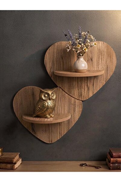 selinaksesuar 2 Raflı İkiz Kalp Model Ahşap Dekoratif Duvar Rafı - 35 x 35 cm