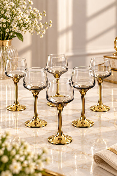 YzHome 6 Lı Gold Gümüş Kaplama Cam Ayaklı Kokteyl Meşrubat Bardağı Bardak Lik...