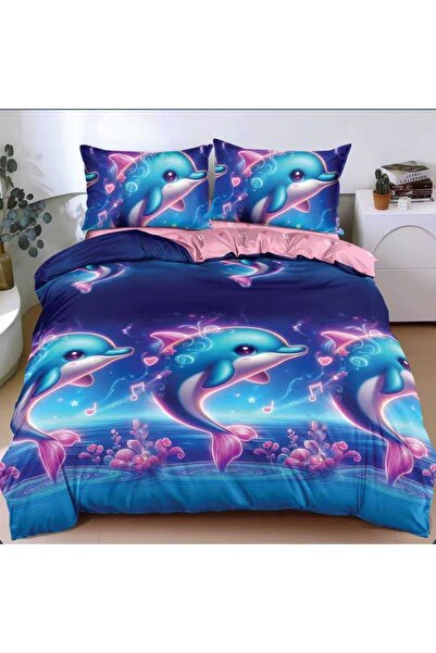 Pucioasa Home Lenjerie de pat cu delfini colorati si motive marine, 4 piese, ...