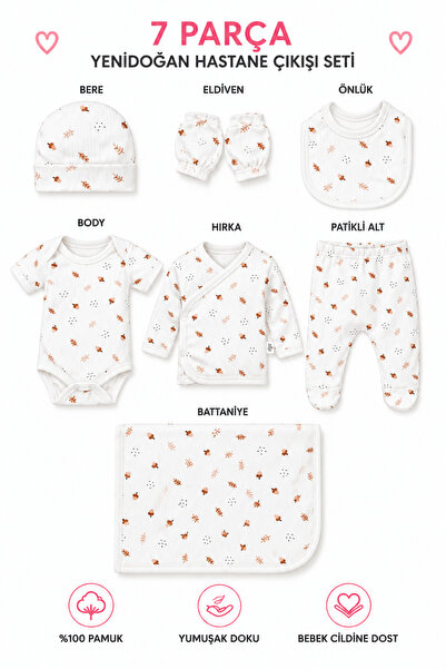 7 Parça Yenidoğan Hastane Çıkışı Seti %100 Pamuk 0-3 Ay Unisex Bebek Giyim Seti