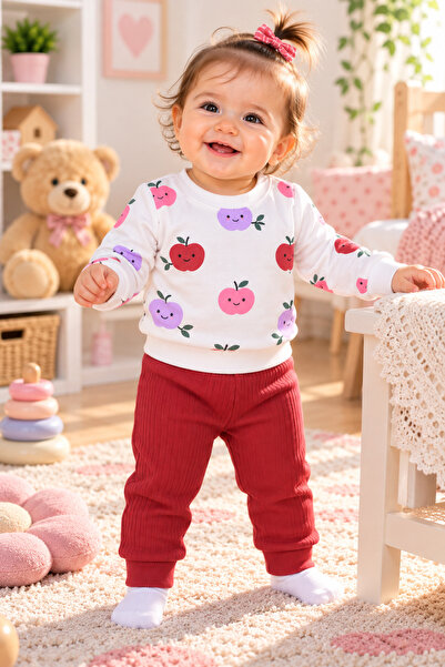 SERPİL Ss Gi̇yi̇m Baby Girl Apple Patterned 2-Piece Set – White Sweatshirt an...