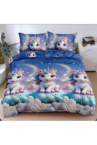Pucioasa Home Lenjerie de pat albastra cu unicorn si curcubeu, 4 piese, polic...