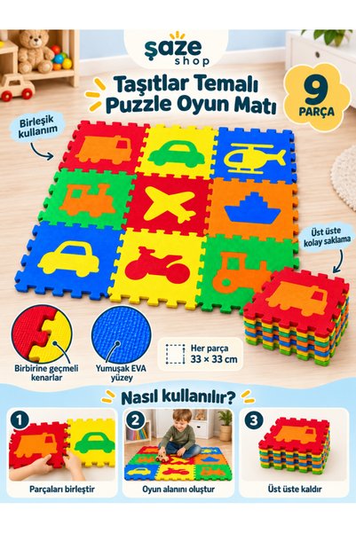 SAZE Şaze Shop 9 Parça Taşıtlar Temalı EVA Puzzle Oyun Matı 33x33 cm Birbirin...