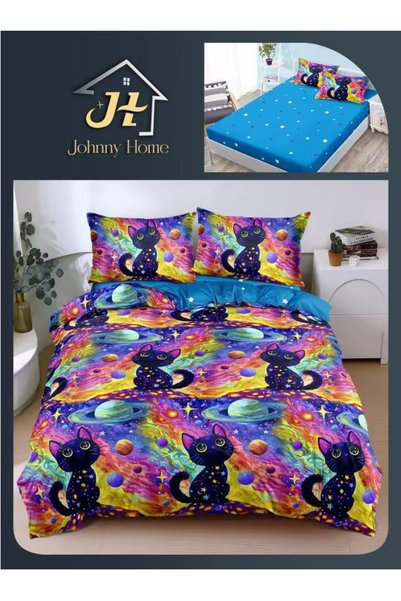 Pucioasa Home Lenjerie de pat cu elastic 2 persoane | multicolora cu pisici c...