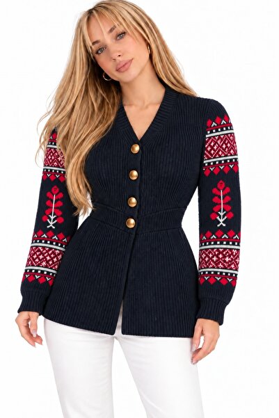 ZERELLE COLLECTİON Women's Knitwear Cardigan with Patterned Sleeves and Button Details