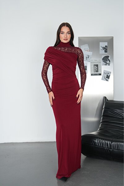 maf collection Γυναικείο βραδινό φόρεμα από ύφασμα μπορντό σάντι με λαιμόκοψη...