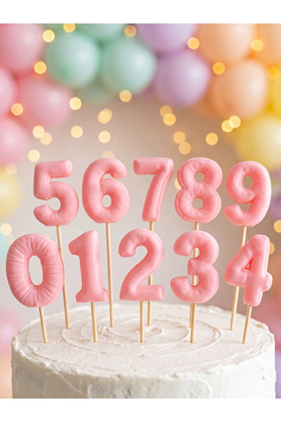 Pembe Rakam Pasta Süsü Şişme Balon Görünümlü 6 cm Doğum Günü Parti Dekoru 0-9 Yaş ve Ay Seçenekli Çubuklu Pasta Üstü Figür