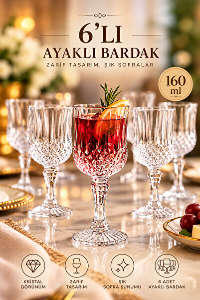 6’lı Ayaklı Kahve Yanı Su Bardağı 160 ml – Kristal Görünümlü Şık Sunum Bardağı Seti