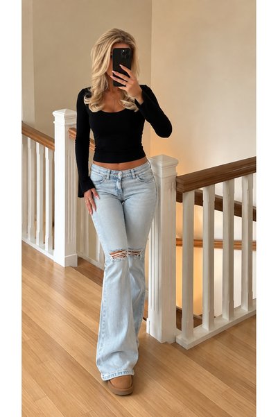 Messy Girls Low Waist Bootcut Stretchy Jean Pants with Ripped Detail