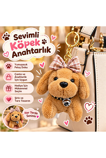 Sevimli Köpek Peluş Anahtarlık – Çanta ve Anahtar Süsü, Kurdeleli Mini Köpek Figürlü