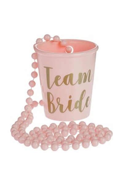 OEM Pahar Shot din Plastic Roz "Team Bride"" cu Lant Margele - 50ml"
