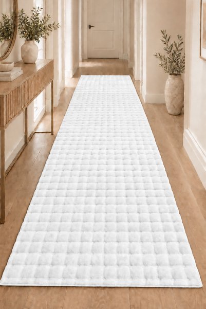 Raschel Carpet Premium Yıkanabilir Leke Tutmaz Modern Bubble Yolluk Beyaz Ren...