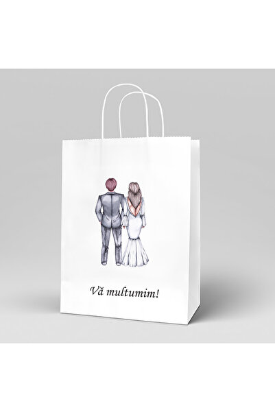FastPack Sacoșe nunta 18x8x22 cm din hârtie albă- set 50 buc -Mire & Mireasa