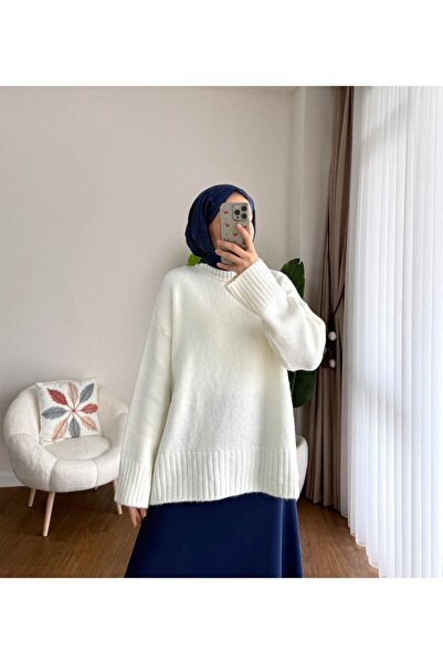 RFK Butik Kadın Oversize Bisiklet Yaka Tesettür Kazak - Krem