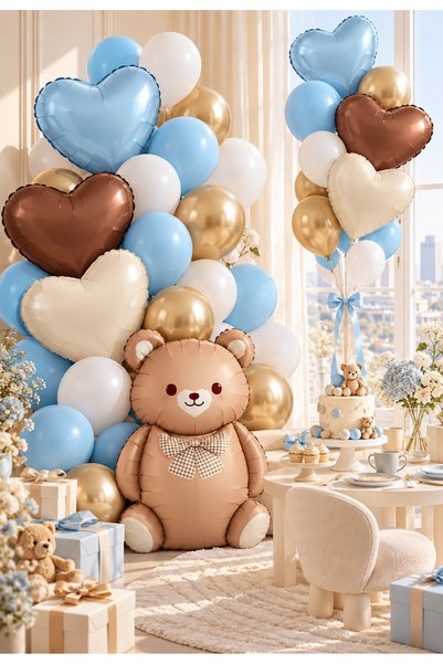 baloss fer Blue Caramel Teddy Bear Gold Deluxe 32-Piece Balloon Set White Macaron Blue Chrome Gold Heart Bear Foil Boy's Birthday Baby Shower Party Decoration Photo Concept Decoration Balloons