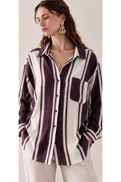 HIMMELDUF Kadın Çizgili Oversize Tek Cepli Dokulu Gömlek
