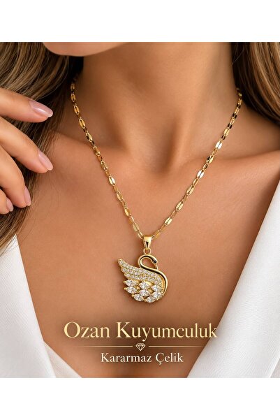 OZAN KUYUMCULUK Kadın Kuğu Figürlü Gold Çelik Kolye – Kararma Yapmaz, Zarif T...