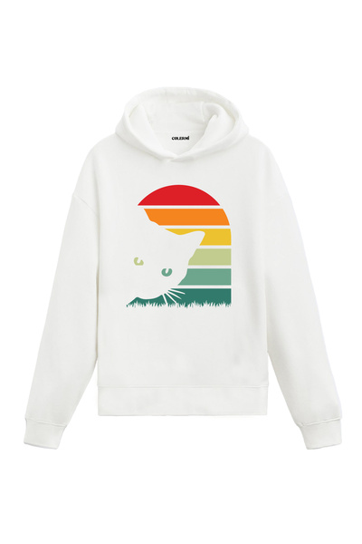Colermi Curious Cat Retro Sunset Design Hooded Sweatshirt