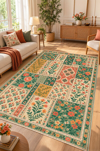 Toronto Home Dijital Kaymaz Yıkanabilir Çiçekli Renkli Patchwork Yeşil Salon ...