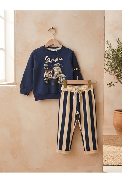 WİKİBOOM Vespa Motor Printed Striped Pants 2-Thread Seasonal Top and Bottom Boys' Suit