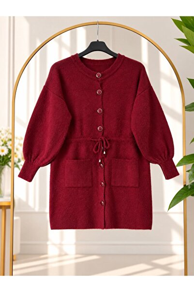 modasindoma Women's Hijab Waist Gathered Buttoned Knitwear Cardigan Burgundy