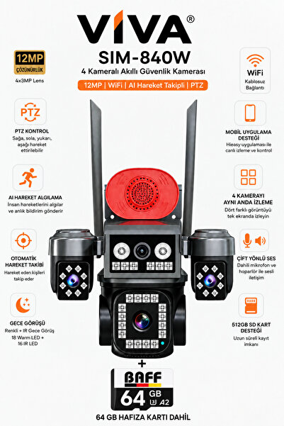 VİVA SIM-840W 4 Kameralı Güvenlik Kamerası 12MP WiFi PTZ AI Hareket Takipli R...