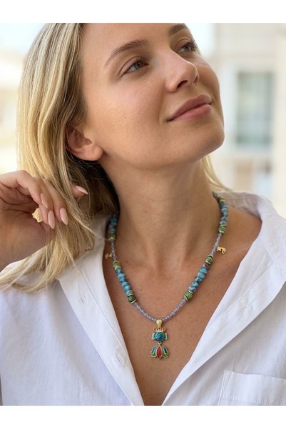ILSA Blue Glass and Jasp Natural Stone Necklace with Fish Figure