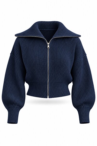5in1Canpolat Navy Blue Wide Collar Knitwear Cardigan