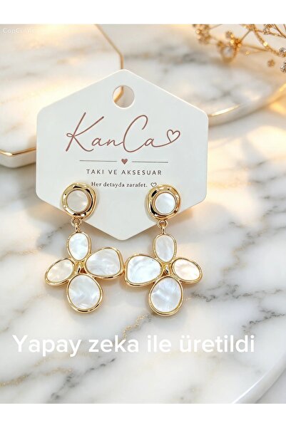 Kadın Gold Çerçeveli Sedefli Yonca Çiçek Motifi Sallantılı Küpe