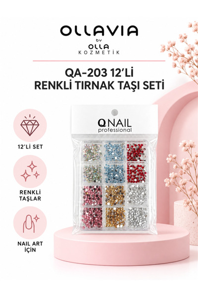 OLLAVIA 12'li Renkli Tırnak Taşı ve Kristal Boncuk Seti (QA-203) – Parlak Taş...