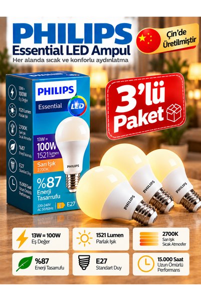 Philips (3 Adet) 13W Sarı Işık (2700K) E27 Duylu (Kalın Duy) Led Ampul