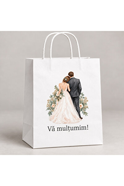 FastPack Sacoșe nunta 18x8x22 cm din hârtie albă- set 50 buc -Mire & Mireasa V2
