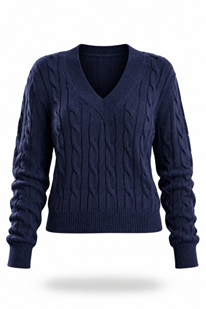 5in1Canpolat Navy Blue V-Neck Hair Knit Sweater 190877