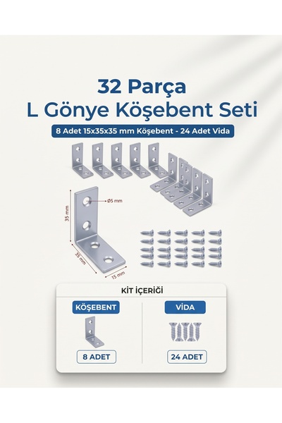 8 Adet L Demir Gönye Köşebent 15x35x35 mm + 24 Adet Montaj Vidası – Mobilya, Dolap, Raf Sabitleme Aparatı