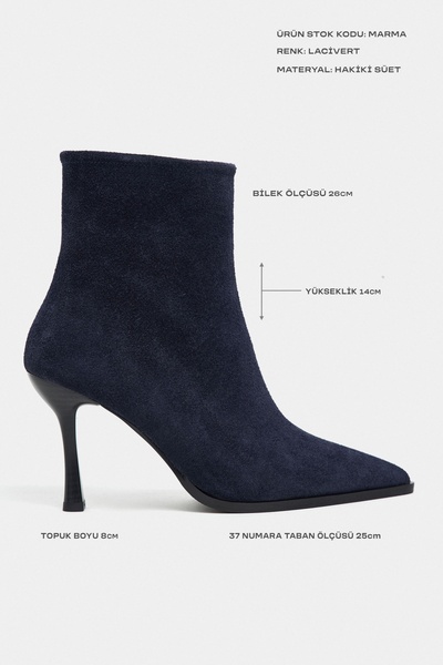 NİŞANTAŞI SHOES Marma Lacivert Hakiki Süet Fermuar Detay Sivri Burun Kadın Topuklu Bot