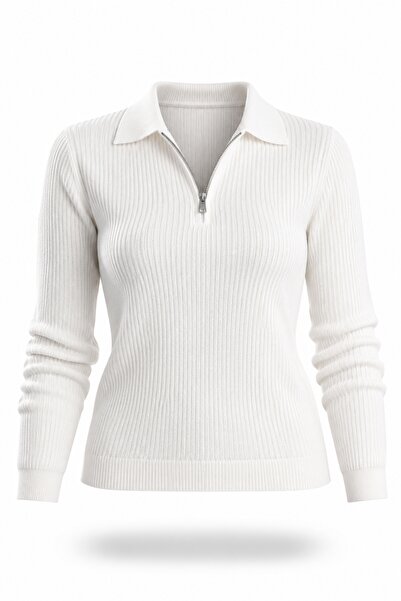 5in1Canpolat Ecru Polo Collar Zippered Ribbed Knitwear 5668