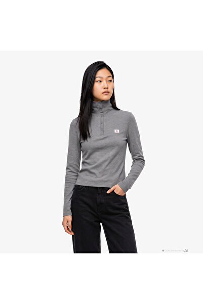 Calvin Klein Woven Label Henley Kadın Gri T-Shirt