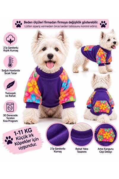 DOGİ&DOG Küçük Irk Purple Flowers Kanguru Cep Detaylı Köpek Sweati Köpek kıya...