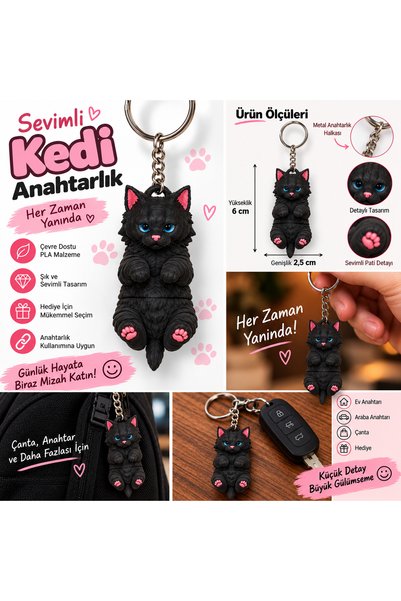 Ofis Dizayn Siyah Kedi Anahtarlık 3D Baskı Sevimli Kedi Figürlü Çanta Süsü