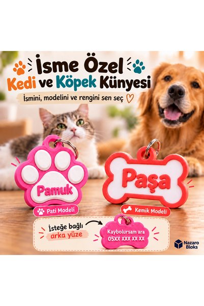 İsme Özel Kedi Köpek Künyesi – İsim ve Telefon Numaralı Tasma İsimliği, Pati veya Kemik Model