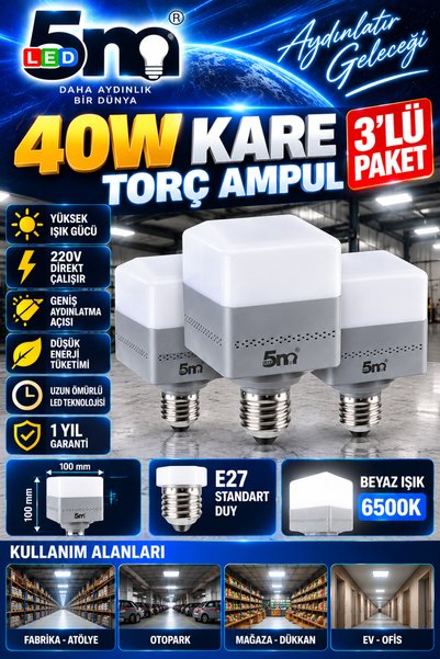 LED PAZARI 3 ADET 40 w KARE TORC AMPÜL YENİ NESİL KASA YÜKSEK IŞIK BEYAZ IŞIK