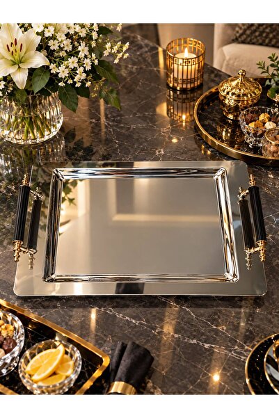 PİNK DESİGN KİTCHEN Stainless Steel Tea Coffee Breakfast and Presentation Tray 26 X 37 cm