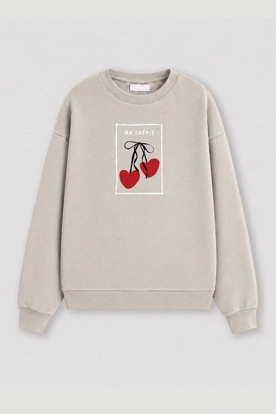 Monila Kadın Premium Kumaş 3 İplik Kiraz Baskılı Sweatshirt