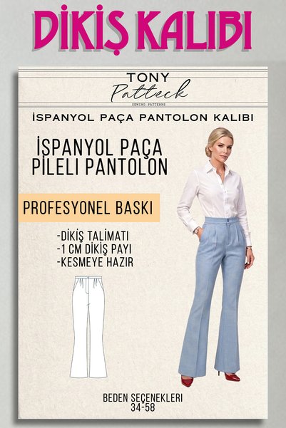 Tony Patteck İspanyol Paça Pileli Pantolon (PT4) - Hazır Dikiş Kalıbı (34-58 ...
