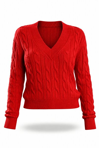 5in1Canpolat Red V-Neck Hair Knit Sweater 190877