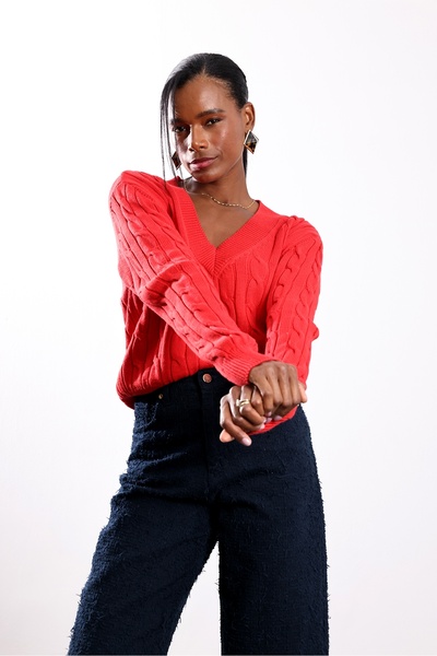 5in1Canpolat Red V-Neck Hair Knit Sweater 190877
